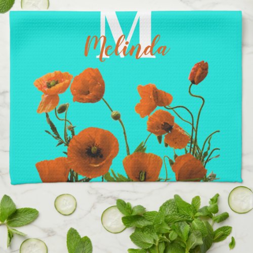 Orange Poppy Flowers Floral Monogram Initial Name Kitchen Towel