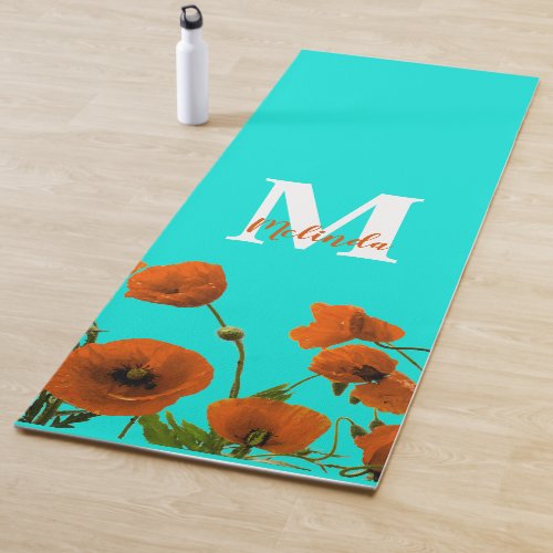 Orange Poppy Flowers Floral Monogram Initials Gift Yoga Mat
