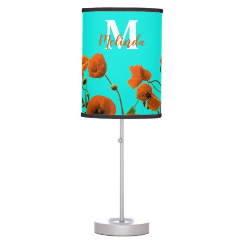 Orange Poppy Flowers Floral Monograms Custom Color Table Lamp