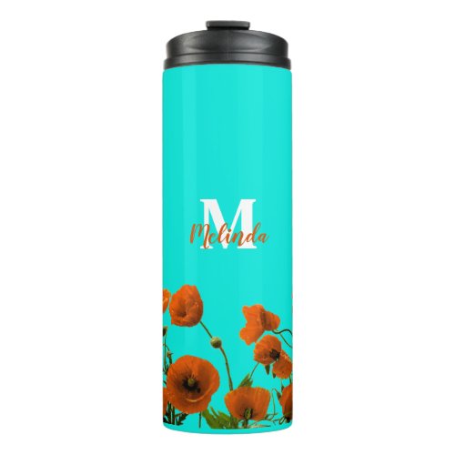 Orange Poppy Flowers Floral Monograms Custom Color Thermal Tumbler