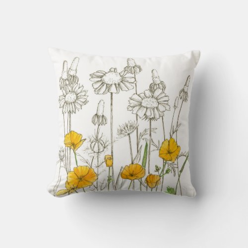 Orange Poppy Flowers Plant Drawing Throw Pillow