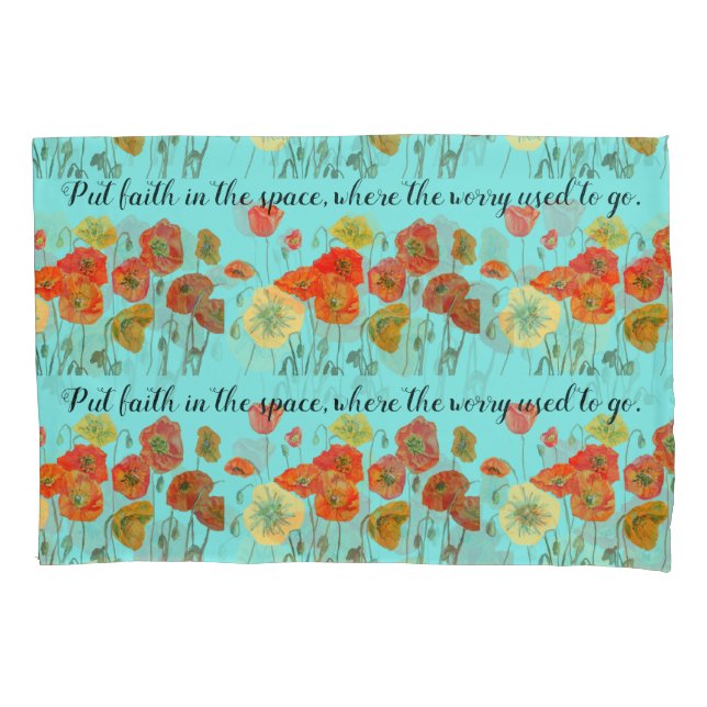 Orange Poppy Flowers 'Put Faith in the Space' Aqua Pillow Case (Front)