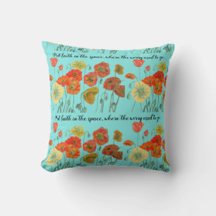 Orange Poppy Flowers 'Put Faith in the Space' Aqua Throw Pillow