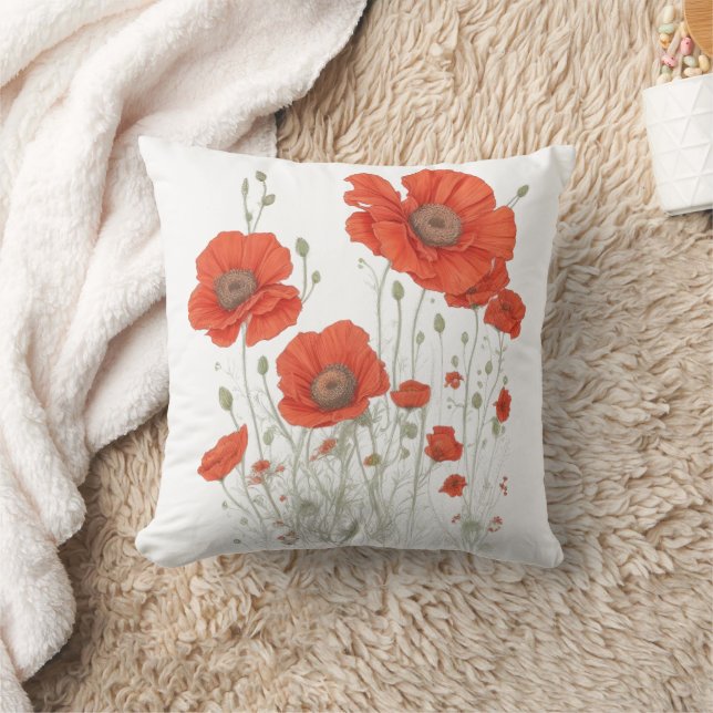 Orange Poppy Flowers Throw Pillow (Blanket)