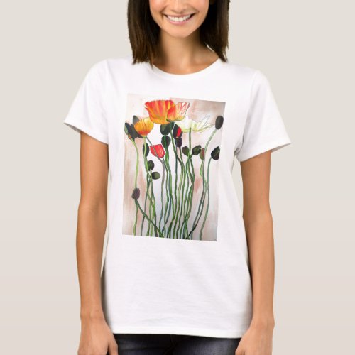 Orange Poppy flowers watercolor art T_Shirt