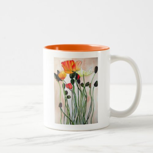 Orange Poppy flowers watercolor art Two_Tone Coffee Mug