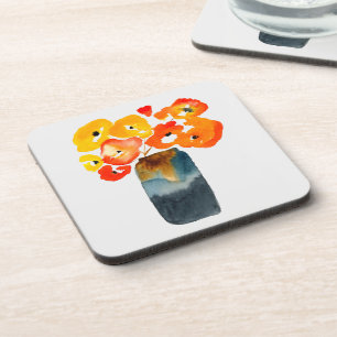 Orange poppy flowers watercolor beverage coaster