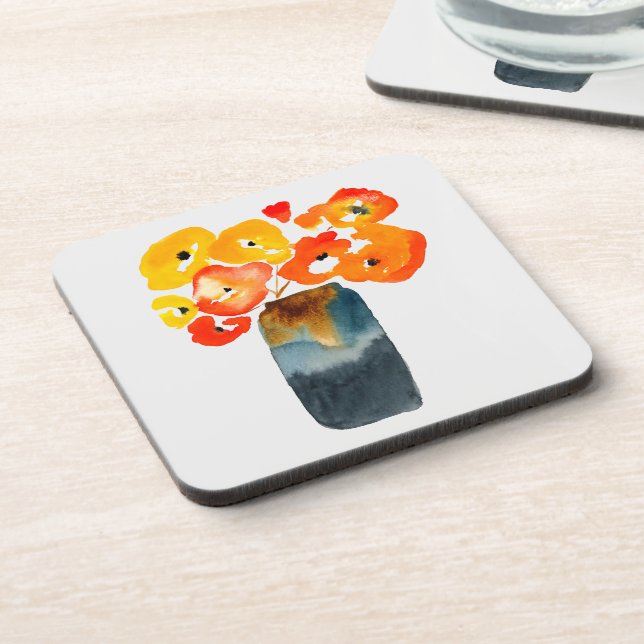 Orange poppy flowers watercolor beverage coaster (Left Side)