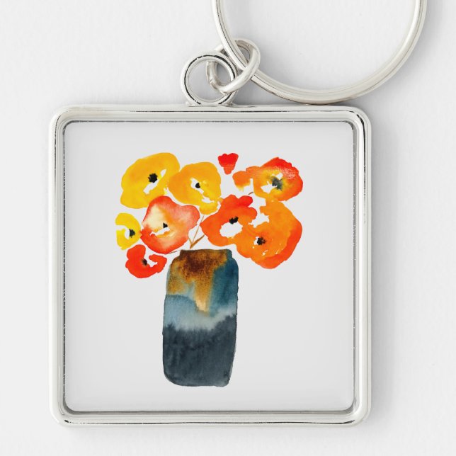 Orange poppy flowers watercolor keychain (Front)