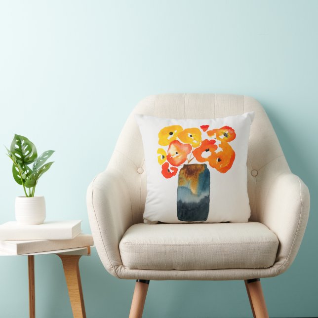 Orange poppy flowers watercolor throw pillow (Chair)