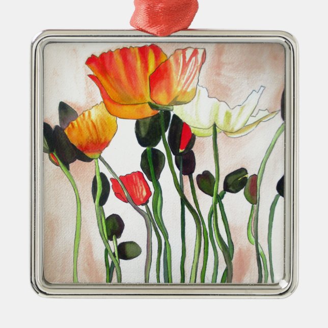 Orange Poppy flowers watercolour painting Metal Ornament (Front)