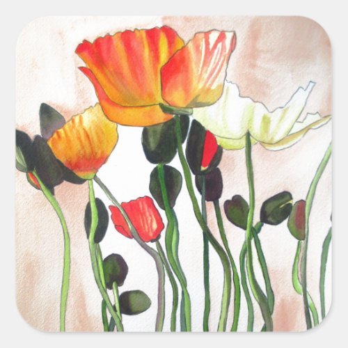 Orange Poppy flowers watercolour painting Square Sticker