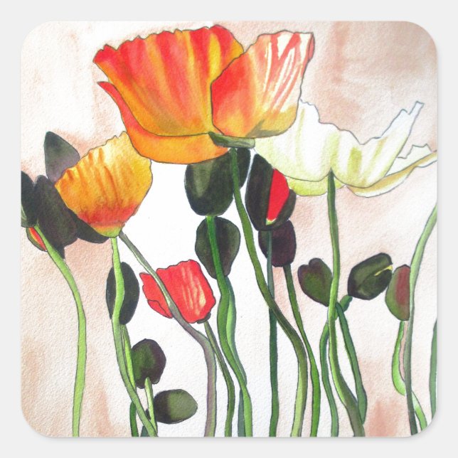Orange Poppy flowers watercolour painting Square Sticker (Front)