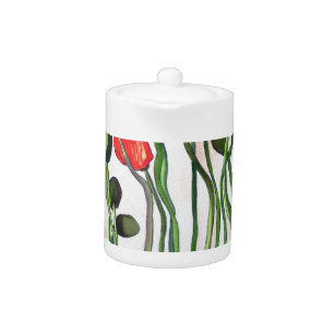 Orange Poppy flowers watercolour painting Teapot
