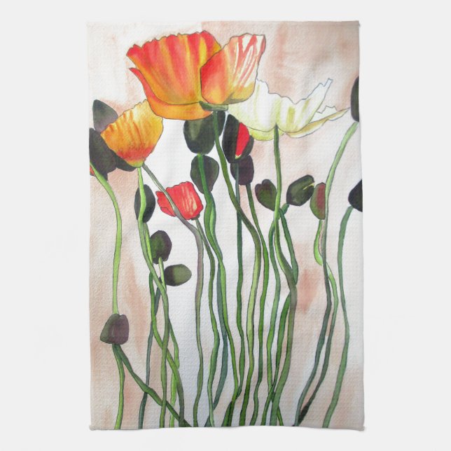Orange Poppy flowers watercolour painting Towel (Vertical)