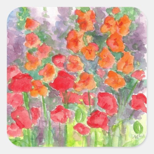 Orange Poppy Gladiola Flower Watercolor Garden Square Sticker
