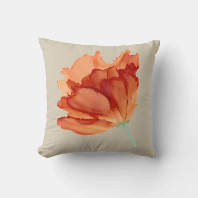 Orange poppy hand painted floral-natural throw pillow (Front)