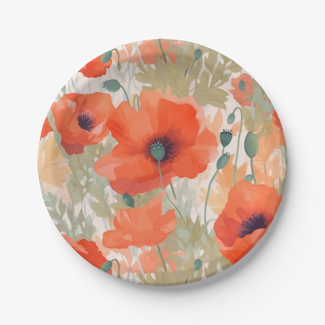 Orange Poppy Meadow Paper Plates (Front)