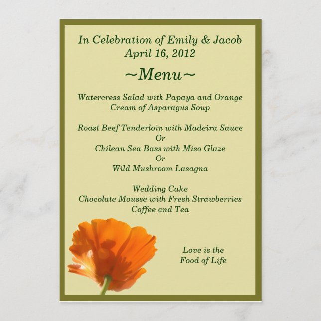 Orange Poppy Menu Cards (Front)