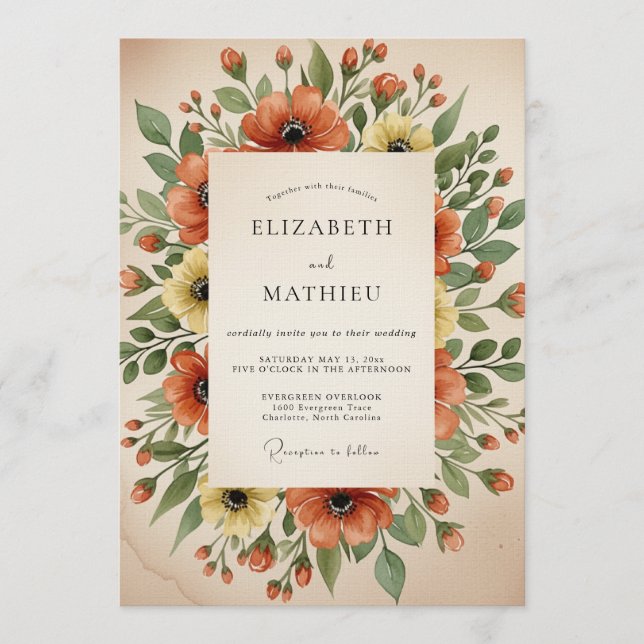 Orange Poppy Painterly Flourish Wedding Invitation (Front)