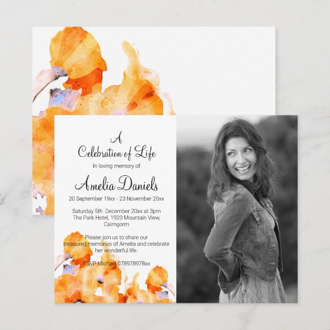Orange Poppy Photo Celebration of Life Card (Front/Back)