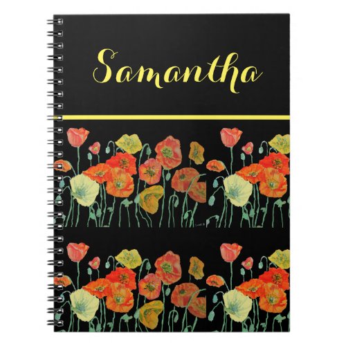 Orange Poppy Poppies Floral Flowers Black Notebook