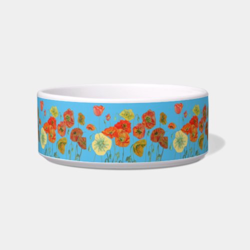 Orange Poppy pretty flowers Blue floral Pet Drink  Bowl