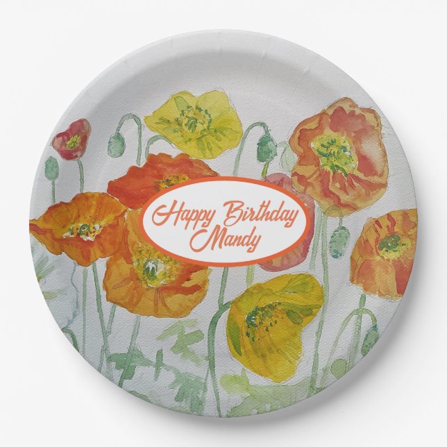 Orange Poppy Rose Flower Pattern Paper Party Plate (Front)