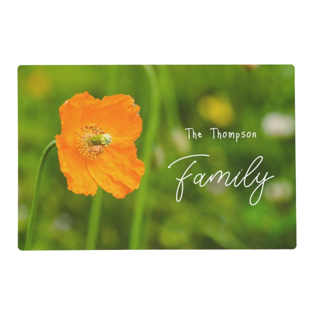 Orange Poppy Summer Flower On Green Custom Name Placemat (Front)