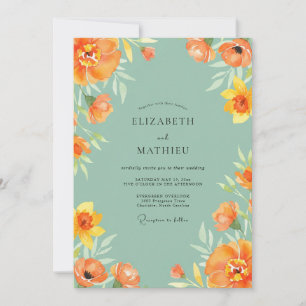 Orange Poppy Teal Wedding Invitation