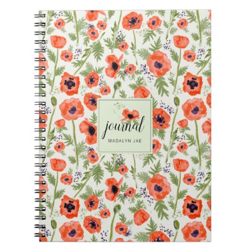 Orange Poppy Watercolor Floral Pattern Name Notebook