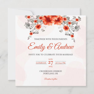 Orange Poppy Watercolor Floral Square Wedding Invitation