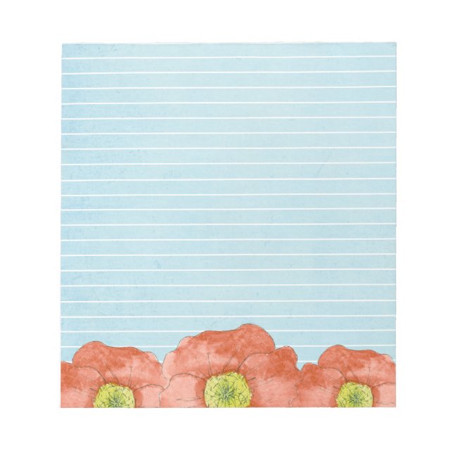 Orange Poppy Watercolor Flowers Light Blue Lined Notepad (Front)