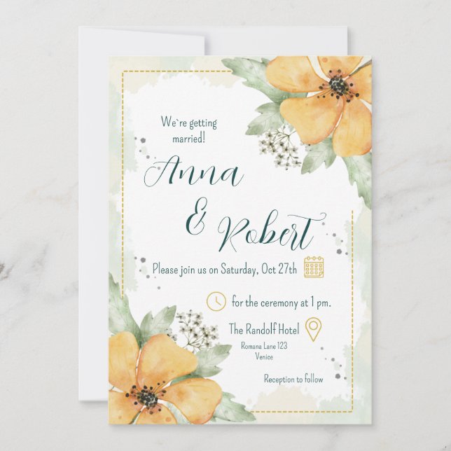 Orange Poppy Watercolour Florals Wedding Invitation (Front)