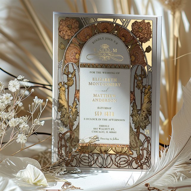 Orange Poppy Wedding Foil Art Nouveau Mucha Invitation (Creator Uploaded)