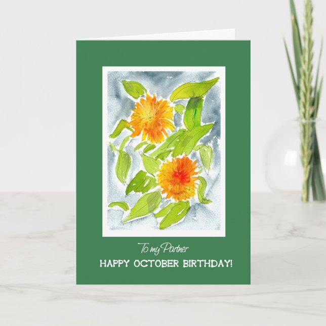 Orange Pot Marigolds Partner's October Birthday Card (Front)