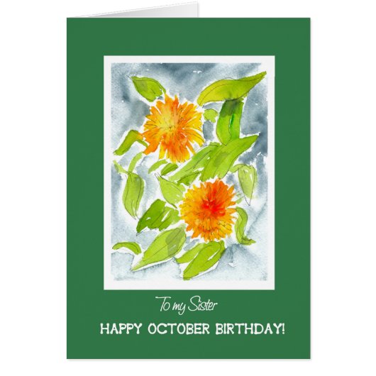 Orange Pot Marigolds Sister's October Birthday Cards (Front)