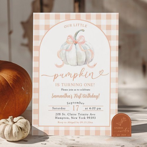 Orange Preppy Gingham Pumpkin 1st Birthday Invitation