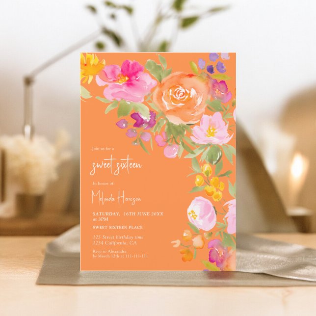 Orange Pretty romantic summer floral sweet 16 Invitation (Pink Pretty romantic summer floral sweet 16 Invitation on orange)