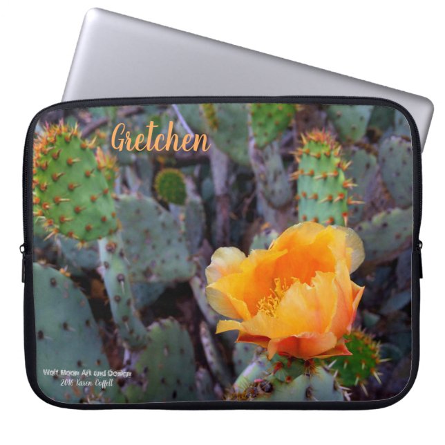 Orange Prickly Pear Cactus Flower Blossom Laptop Sleeve (Front)
