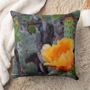 Orange Prickly Pear Cactus Flower Blossom Throw Pillow