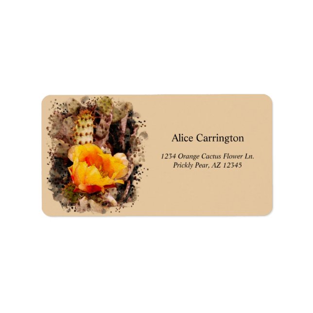 Orange Prickly Pear Cactus Flower Watercolor Label (Front)