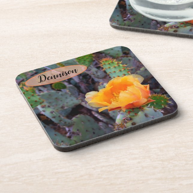 Orange Prickly Pear Opuntia Cactus Flower Photo Beverage Coaster (Left Side)