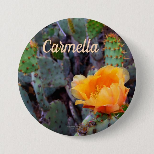 Orange prickly pear opuntia cactus flower photo button (Front)