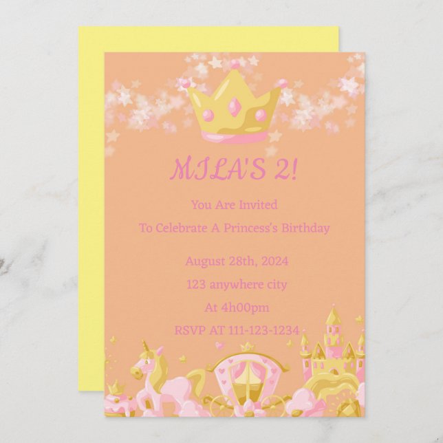 Orange princess birthday invitation  (Front/Back)