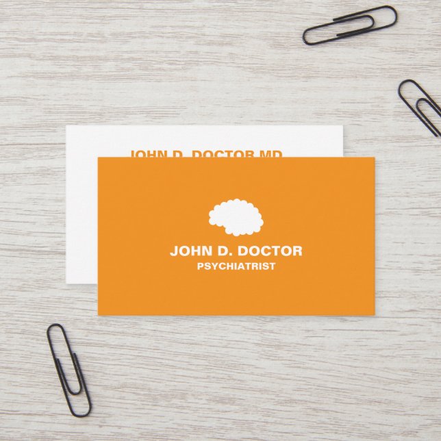 Orange psychiatrist business card with brain (Front/Back In Situ)