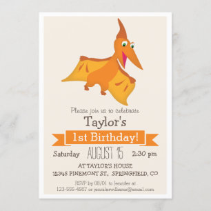 Orange Pterodactyl Dinosaur Kid's Birthday Party Invitation