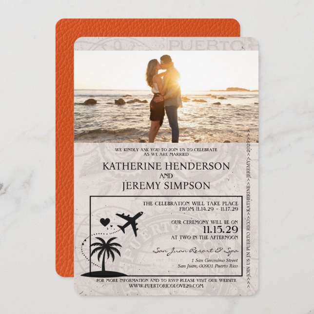 Orange Puerto Rico Passport Wedding Invitation (Front/Back)
