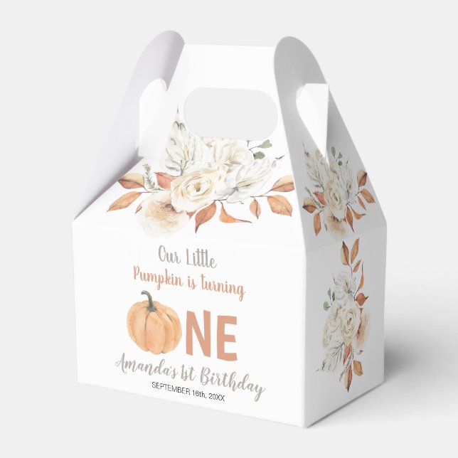 Orange Pumpkin 1st Birthday Rustic Floral Favor Boxes (Front Side)
