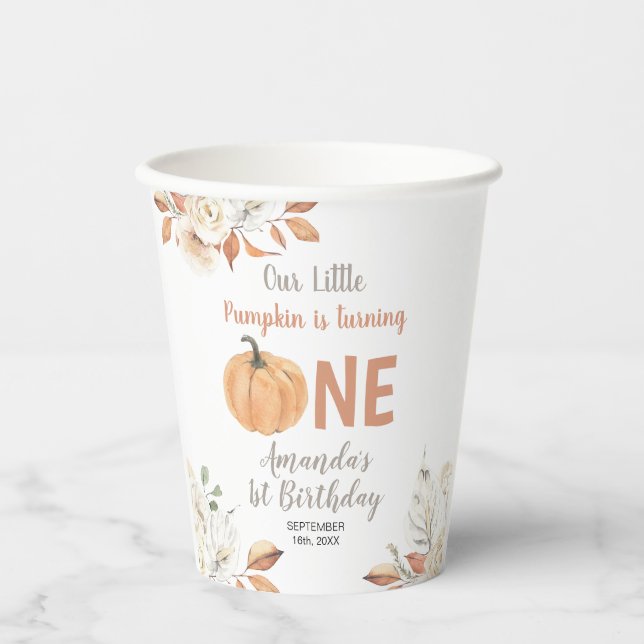 Orange Pumpkin 1st Birthday Rustic Floral Paper Cups (Front)